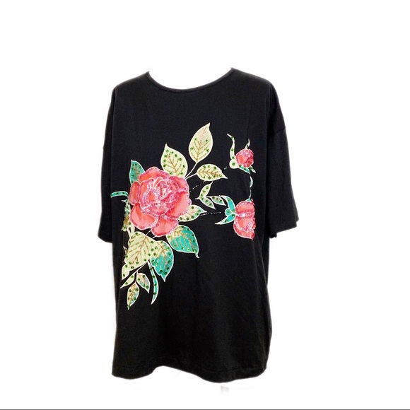 Kris Michele black tee flower sequined detail OS - Picture 2 of 5